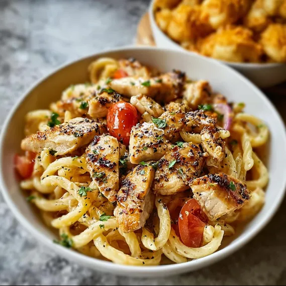 A bowl of pasta with chicken and tomatoes.
