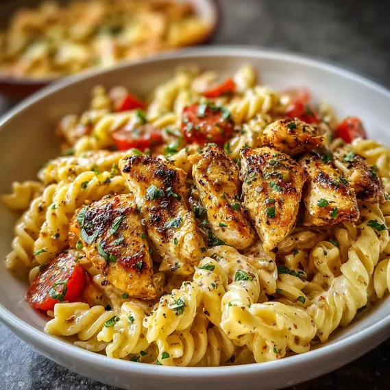 A bowl of pasta with chicken and tomatoes.