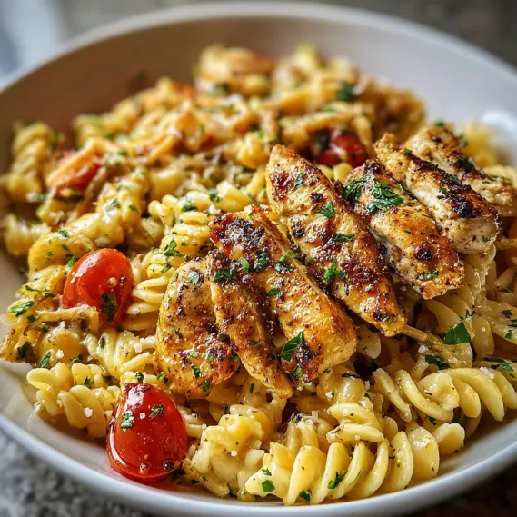 A bowl of pasta with chicken and tomatoes.