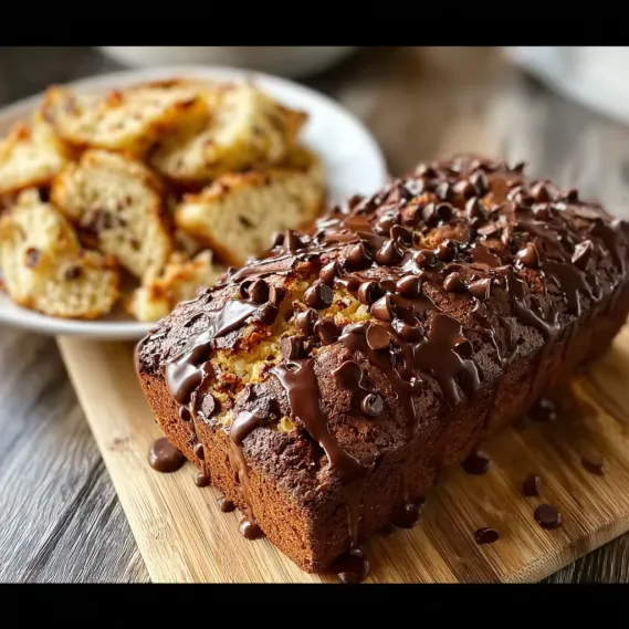 A loaf of bread with chocolate drizzled on top.