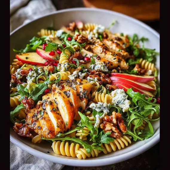 A bowl of pasta with chicken and vegetables.