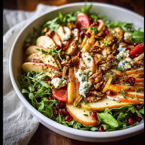 A bowl of salad with apples, spinach, and blue cheese.