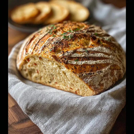 A loaf of bread with a green herb on top.