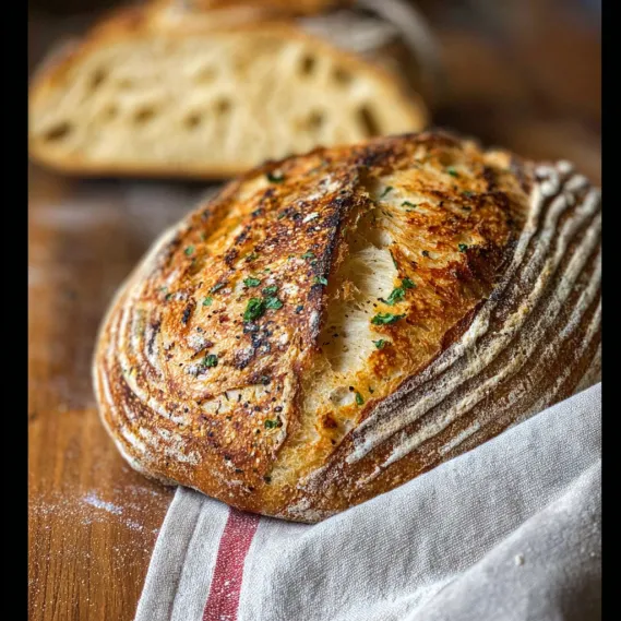 A loaf of bread with green herbs on top.