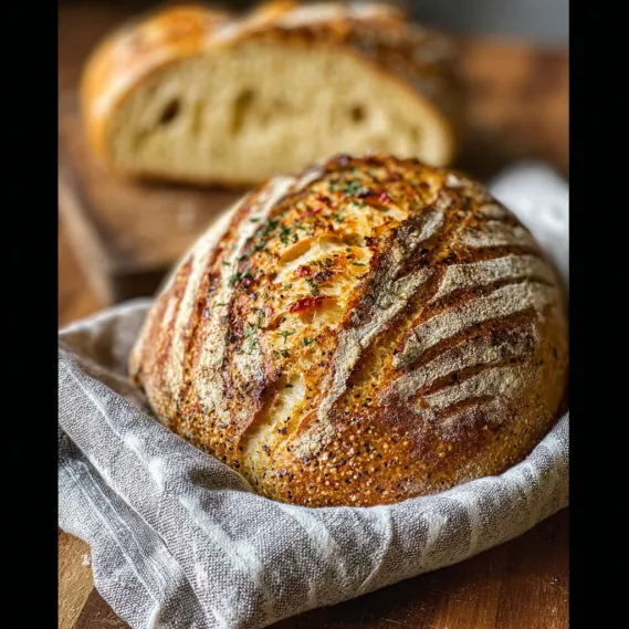 Two loaves of bread on a table.