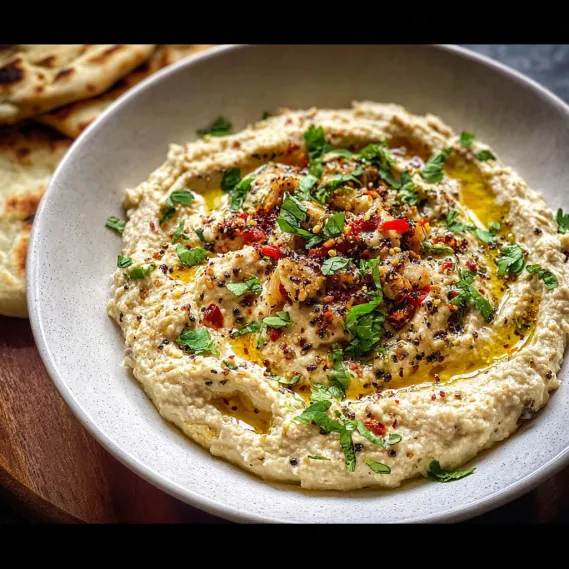 A bowl of hummus with a spoon in it.