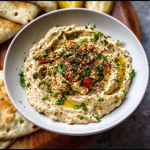 A white bowl filled with hummus.