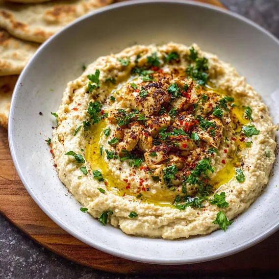 A white bowl of hummus with chickpeas and spices.