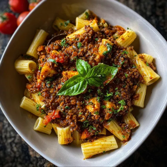 A bowl of pasta with sauce and a green garnish.