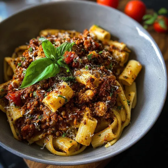 A bowl of pasta with tomatoes and basil.