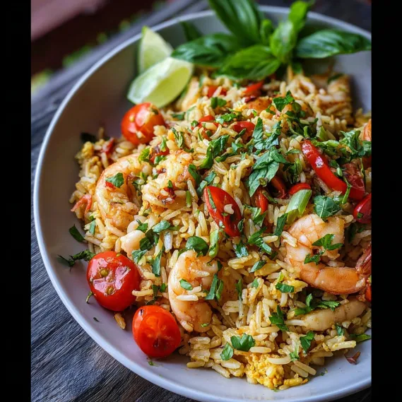 A bowl of rice with shrimp, tomatoes, and lime.