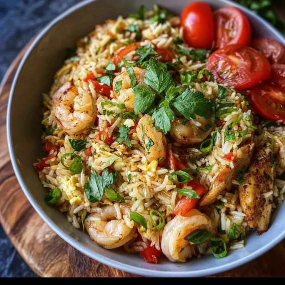 A bowl of rice with shrimp and tomatoes.
