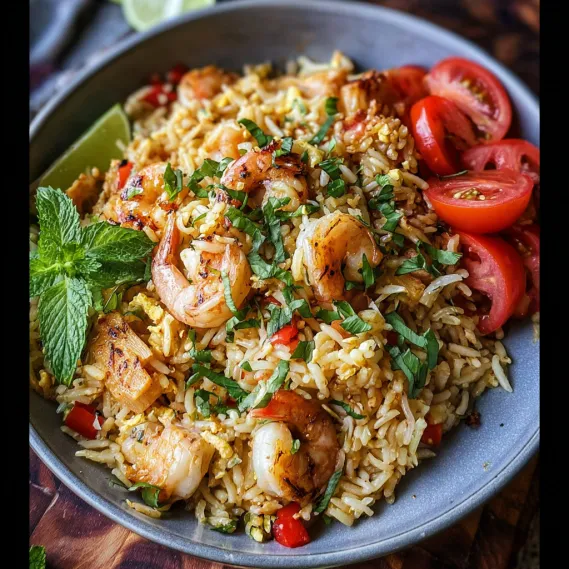 A bowl of rice with shrimp and tomatoes.