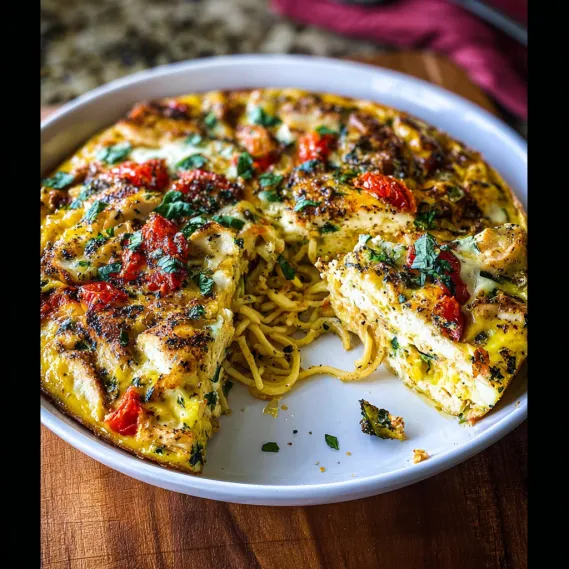 A plate of food with noodles and tomatoes.