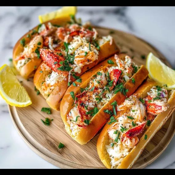 A plate of lobster rolls with lemon wedges.