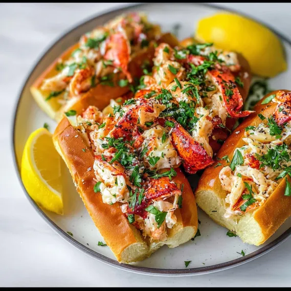 A plate of lobster rolls with lemon wedges.