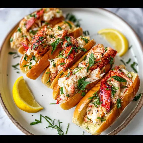 A plate of lobster rolls with lemon wedges.