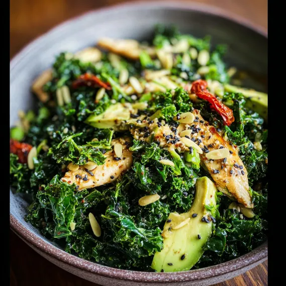 A bowl of food with chicken, broccoli, and almonds.