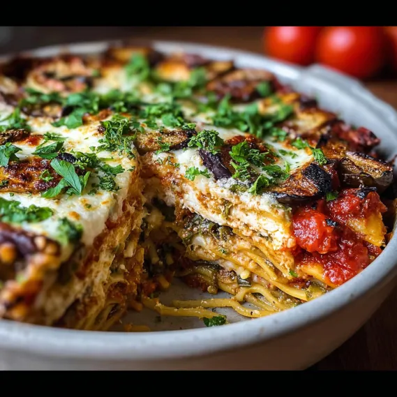 A slice of lasagna with tomatoes and cheese.