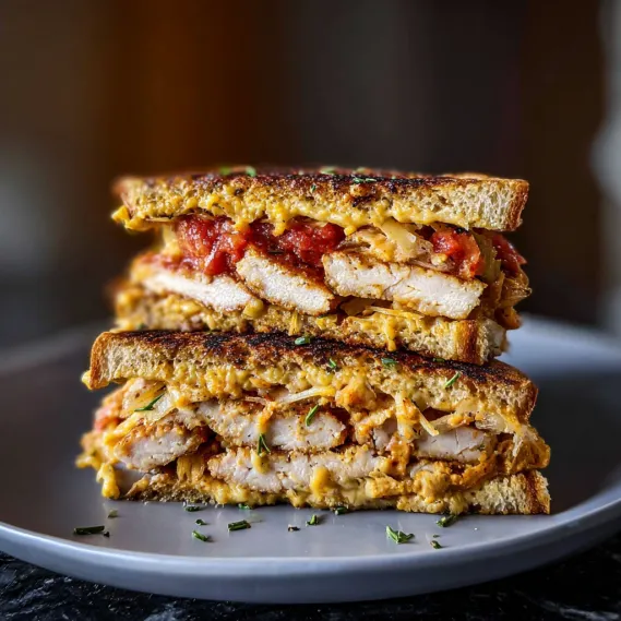 A sandwich with meat and cheese on a plate.