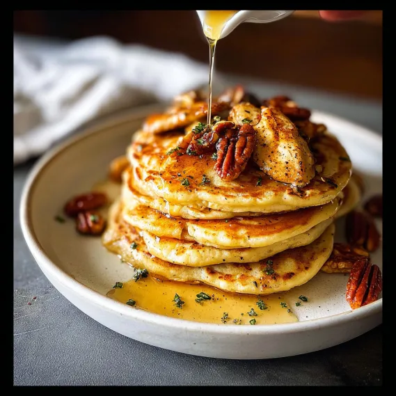 A stack of pancakes with syrup drizzled on top.