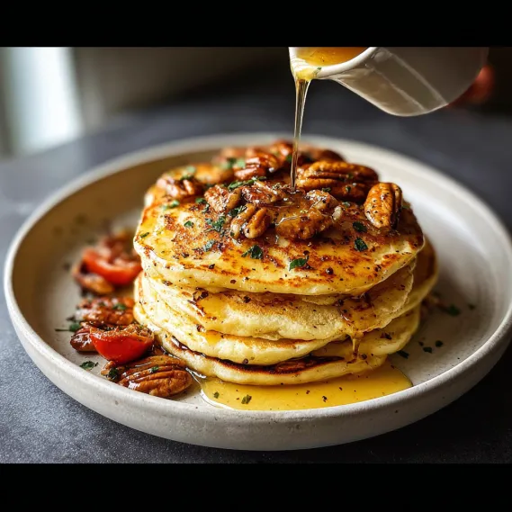A stack of pancakes with syrup drizzled on top.