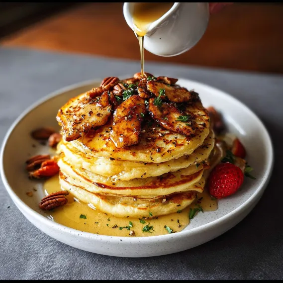 A stack of pancakes with syrup drizzled over them.
