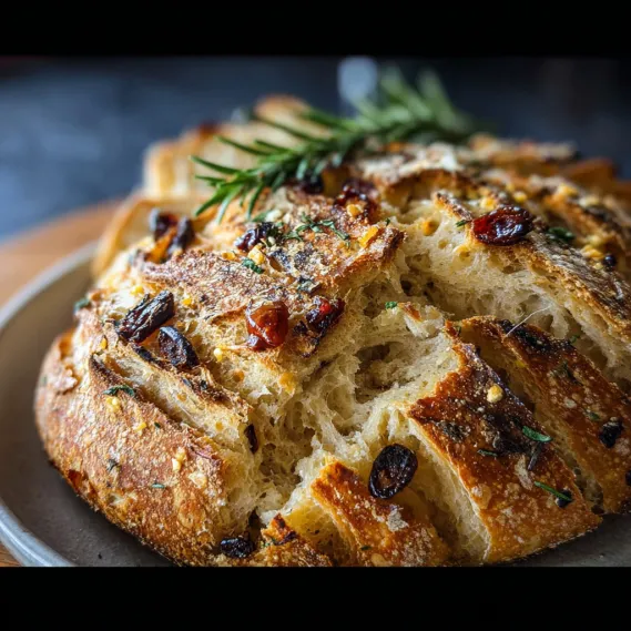 A loaf of bread with herbs on top.