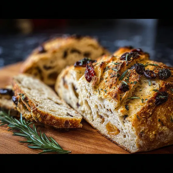 A loaf of bread with raisins and herbs on a cutting board.
