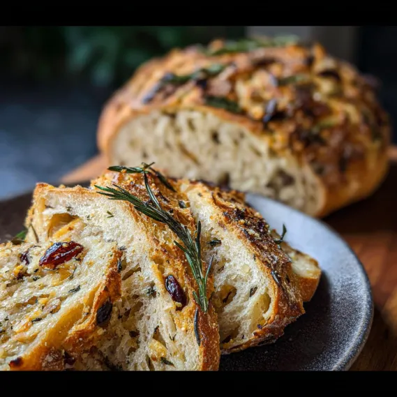 A loaf of bread with herbs on top.