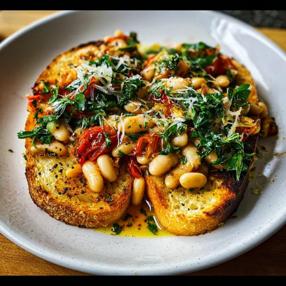 A plate of food with a slice of bread and beans.