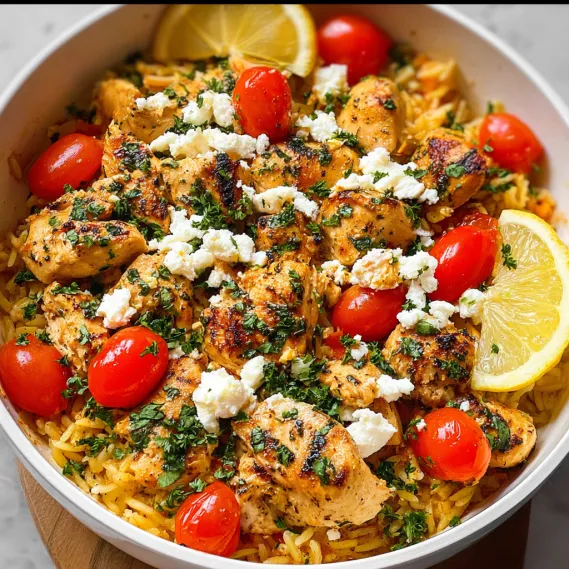 A bowl of food with chicken, tomatoes, and cheese.