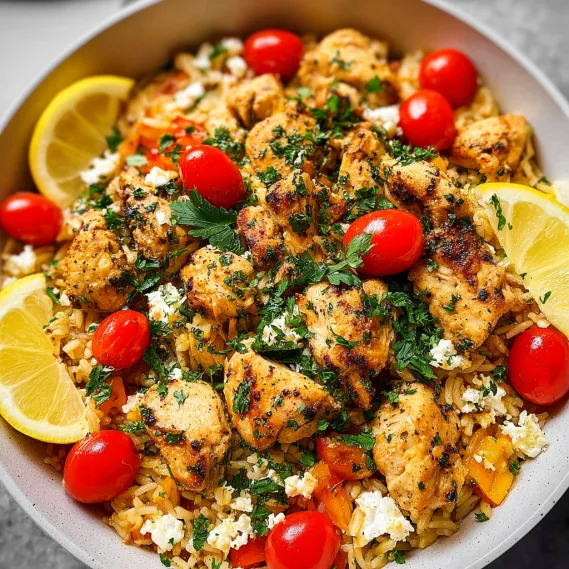 A bowl of food with chicken, tomatoes, and rice.