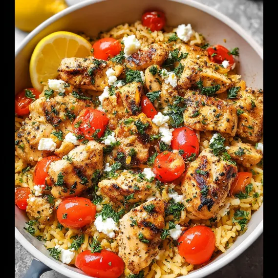 A bowl of food with chicken, tomatoes, and cheese.