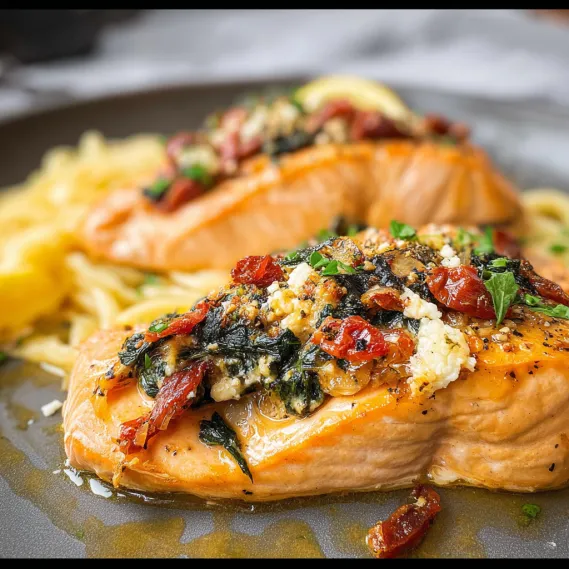 Two pieces of fish with sauce on a plate.