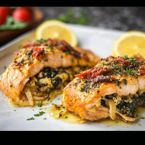 Two pieces of fish with lemon wedges on top.