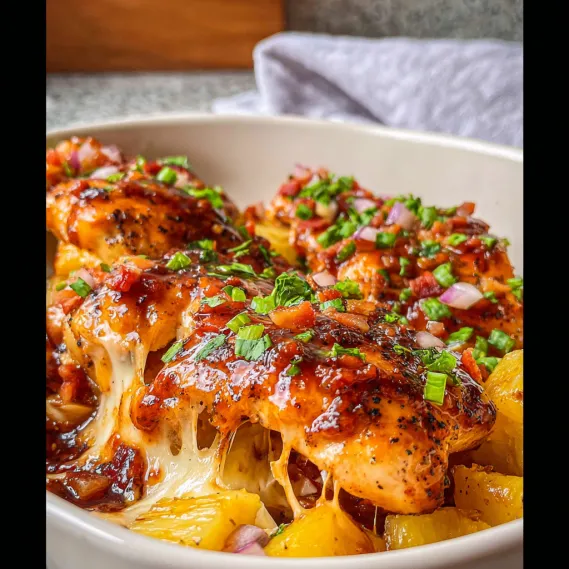 A bowl of food with chicken and onions.