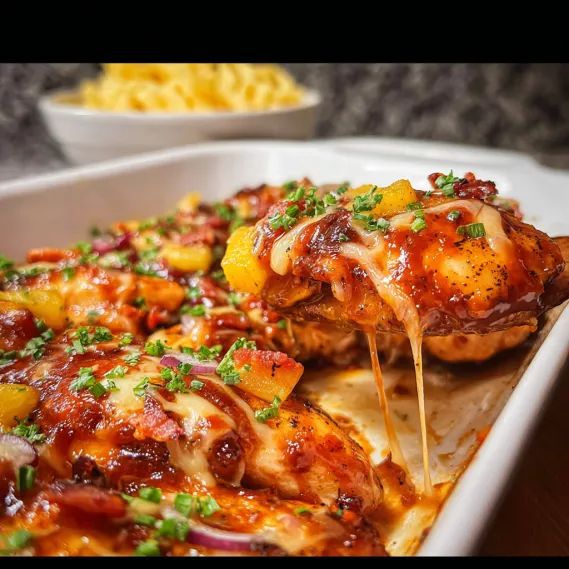 A plate of food with chicken and pineapple.