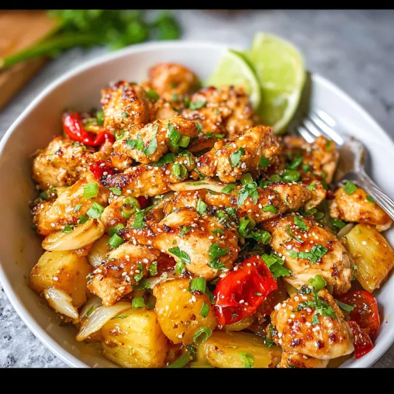 A bowl of food with chicken, tomatoes, onions, and lime.
