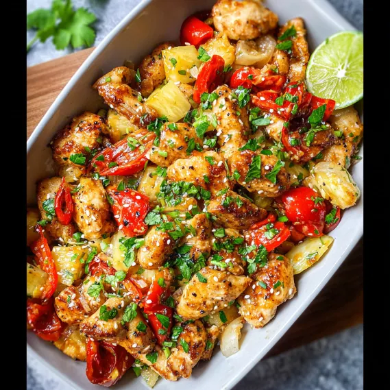 A bowl of food with chicken, tomatoes, and onions.