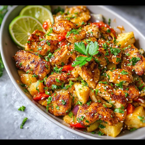 A bowl of food with lime wedges and chicken.
