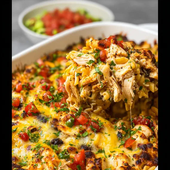 A bowl of food with tomatoes and chicken.