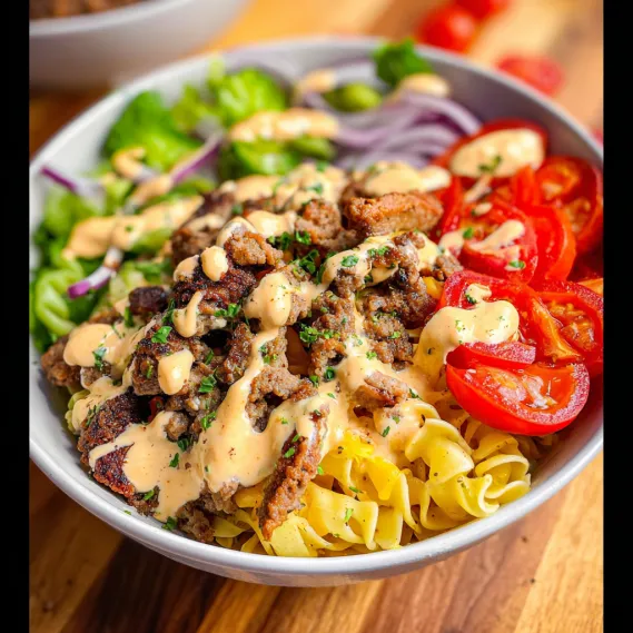 A bowl of food with meat, tomatoes, lettuce, and sauce.