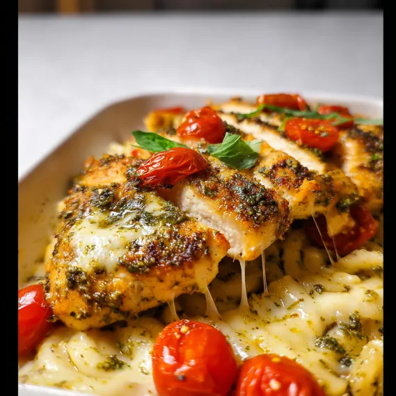 A plate of food with chicken and tomatoes.