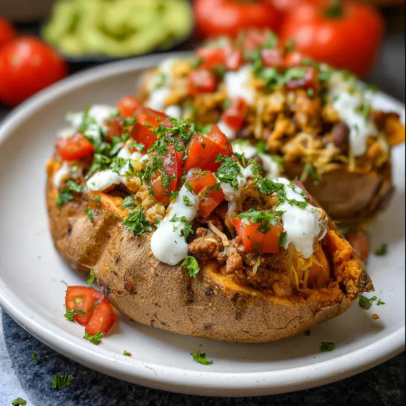 A plate of food with a baked potato and a bowl of guacamole.