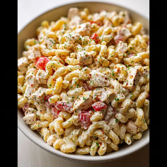 A bowl of pasta with chicken and tomatoes.
