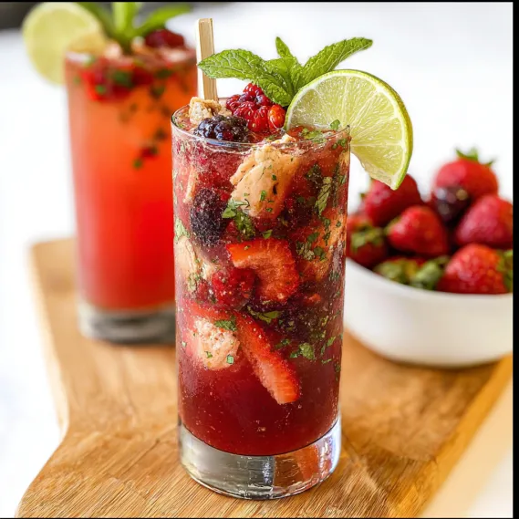 A glass of red fruit juice with a strawberry and lime garnish.