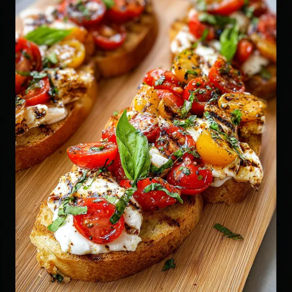 A wooden cutting board with two slices of bread with tomatoes and cheese on top.