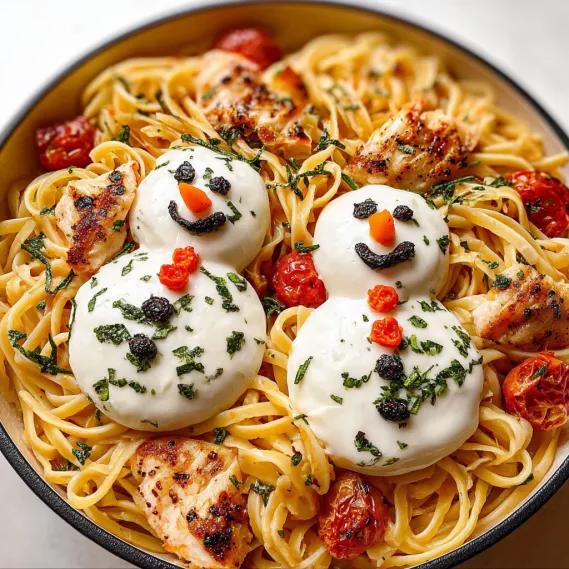 A bowl of pasta with two snowmen made of cheese on top.