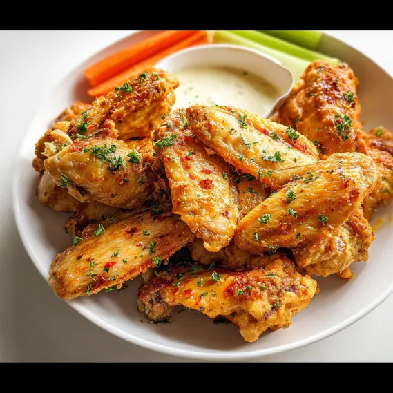 A plate of chicken wings with a dipping sauce.